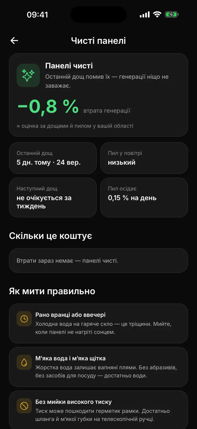 Екран «Чисті панелі»: втрата генерації від пилу й поради, як мити